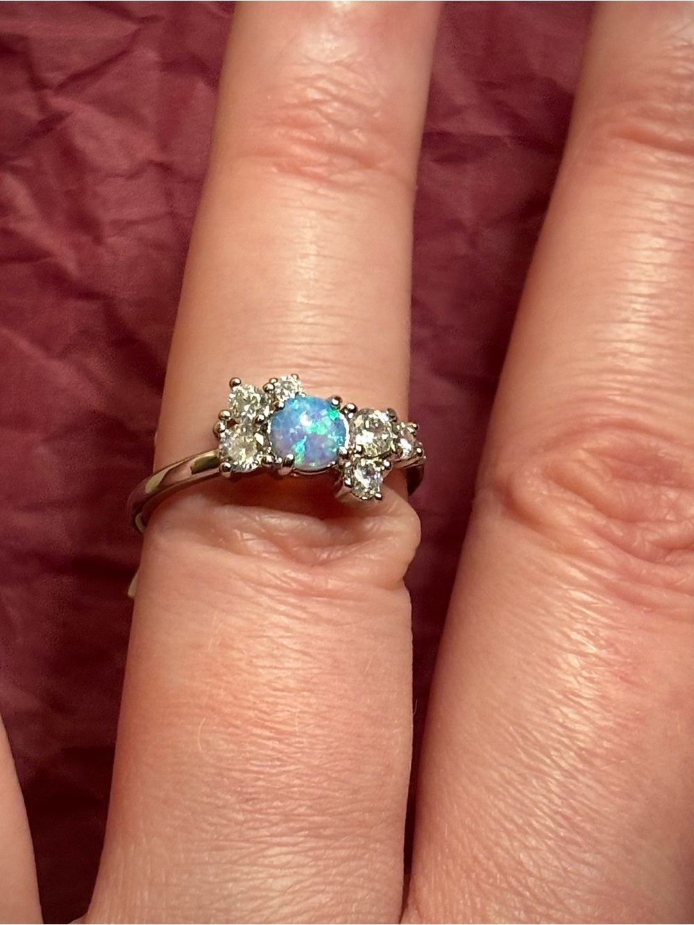 Charmed Aroma-Blue Opal With AAA CZ Accents. Band-Rhodium Plated Silver-Size 6